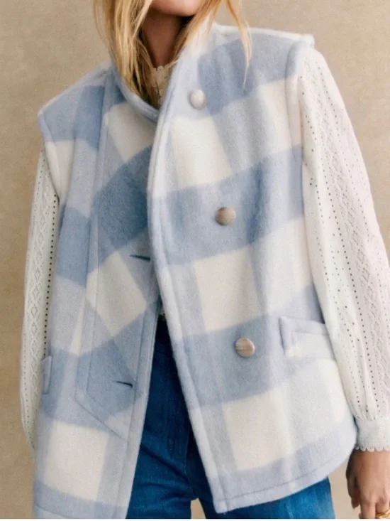 SEZANE Carlo Vest in Blue and White Plaid Wool Fully Lined Sz 38 6 NWT - Picture 3 of 8